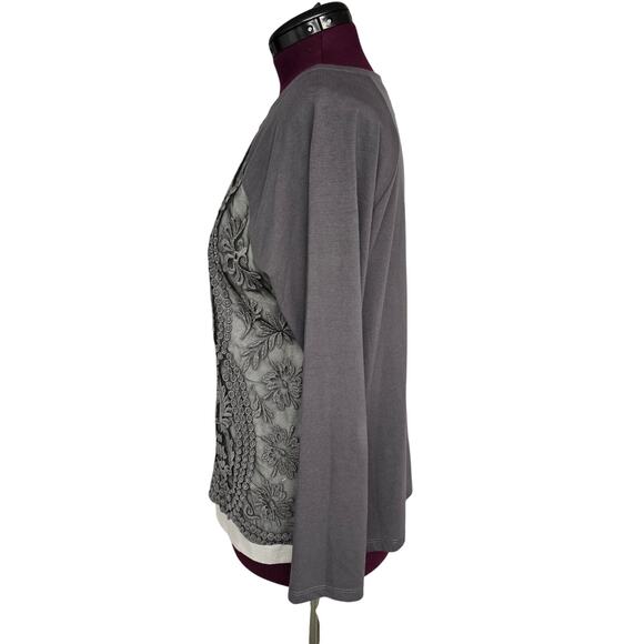 Women's Ruby Rd Gray Mixed Media Long Sleeve Crochet Front Blouse | Size Large - Picture 2 of 11